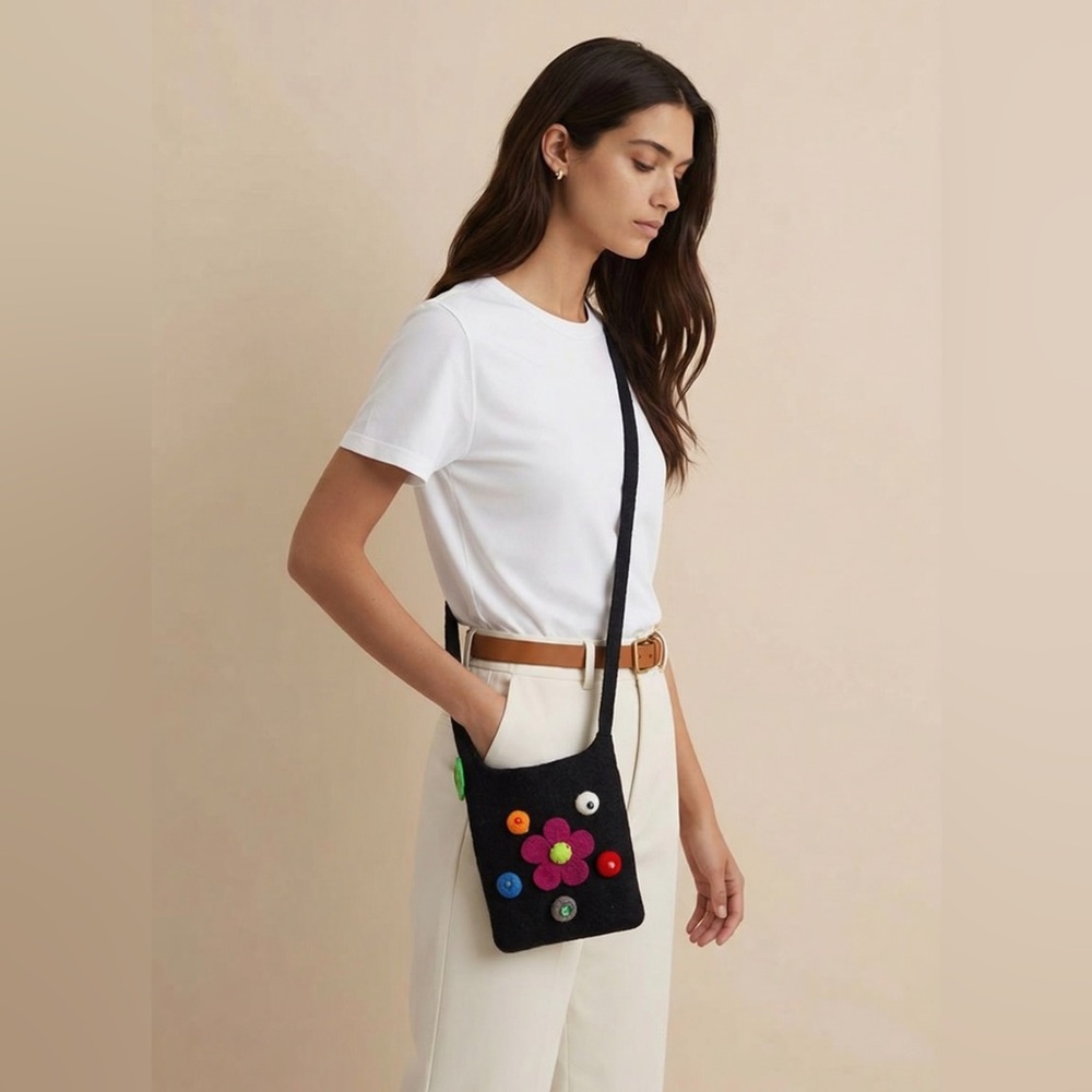 Colorful Button Embellished Black Crossbody wool felt Bag